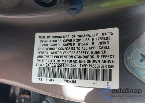 2015 Honda Civic Lx из США, поврежденный, VIN 19XFB2F55FE035488